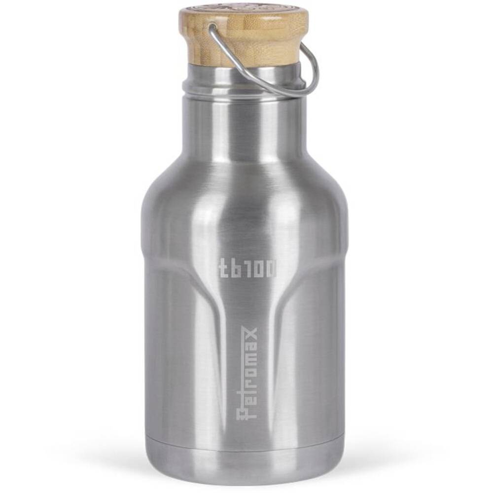 Edelstahlwasserflasche mit Holzschraubenverschluss und metallischer Trageöse, auf weißem Hintergrund dargestellt.