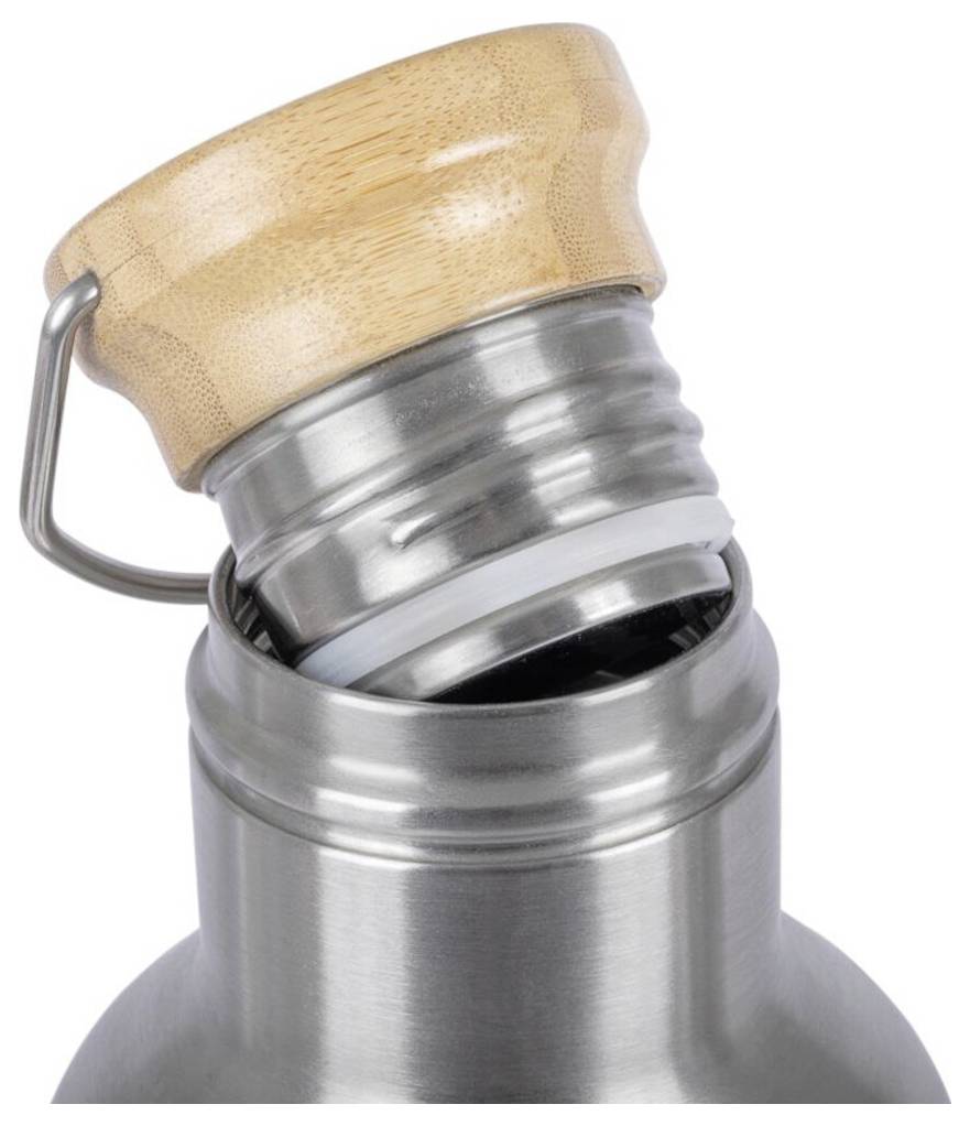 Nahaufnahme einer Edelstahlflasche mit offenem Scharnierverschluss aus Bambus, die den Flaschenhals und den Tragering zeigt.