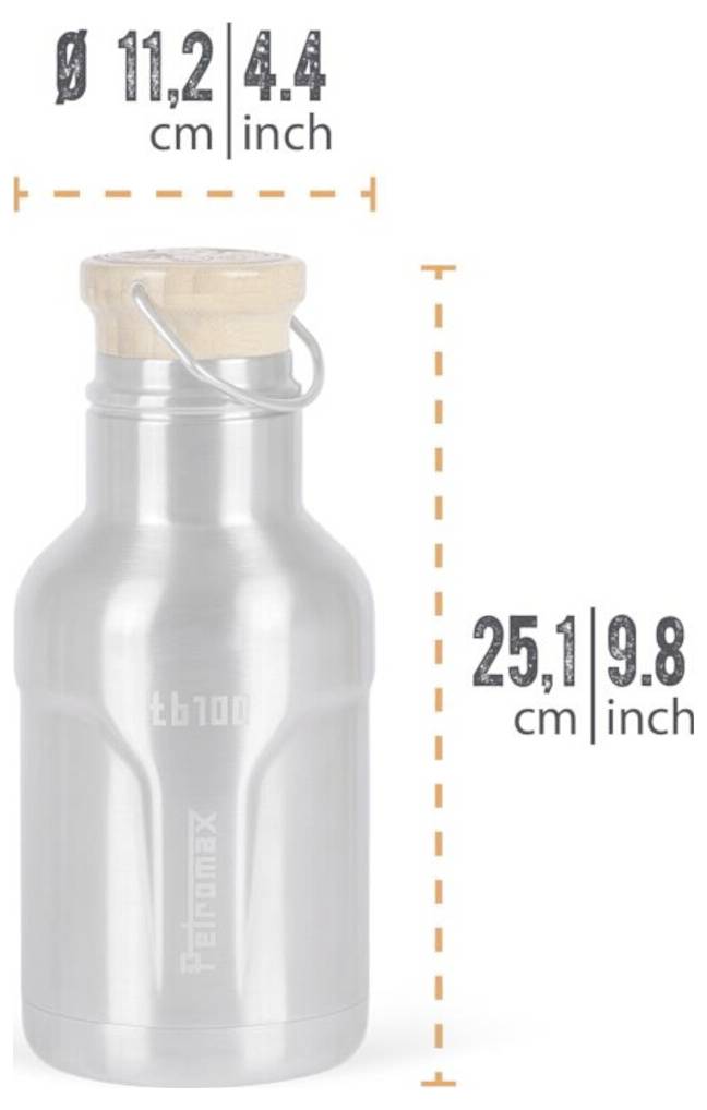 Isolierte Metallflasche mit Holzverschluss, abgebildet mit Abmessungen: 11,2 cm breit und 25,1 cm hoch (4,4 x 9,8 Zoll).