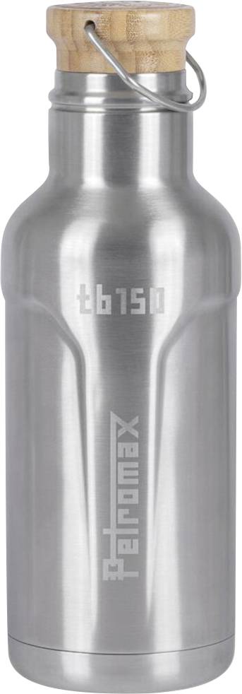 Edelstahltrinkflasche mit Holzschraubverschluss und Metalltrageschlaufe, auf weißem Hintergrund dargestellt.