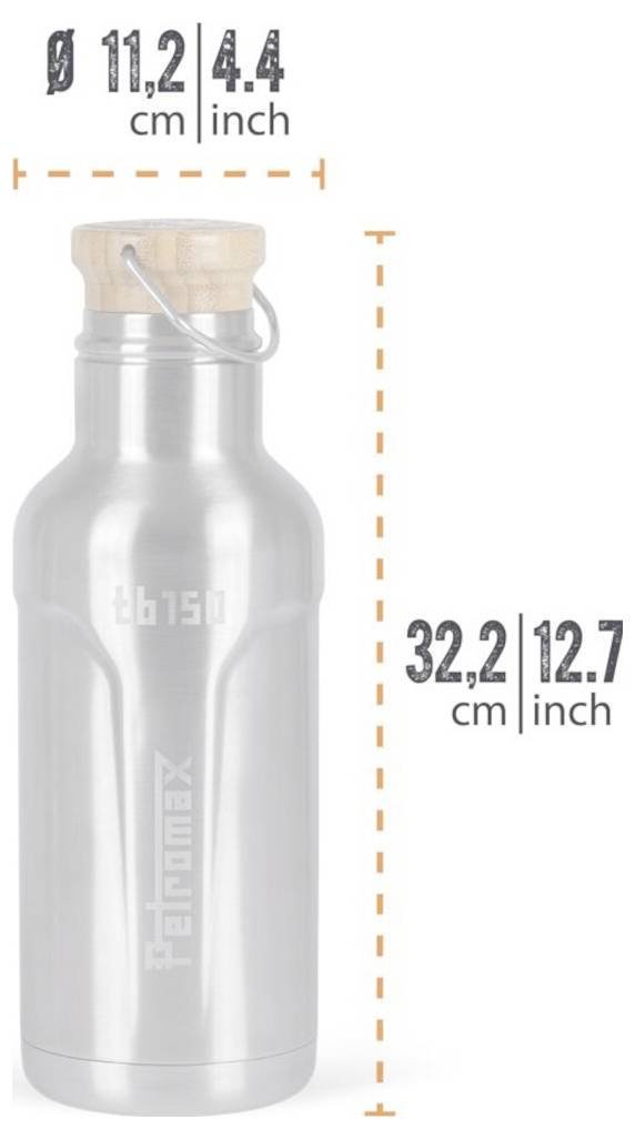 Silberfarbene isolierte Flasche mit Holzkappe und Metallschlaufe; die angegebenen Abmessungen betragen 32,2 cm Höhe und 11,2 cm Breite, oder 12,7 x 4,4 Zoll.