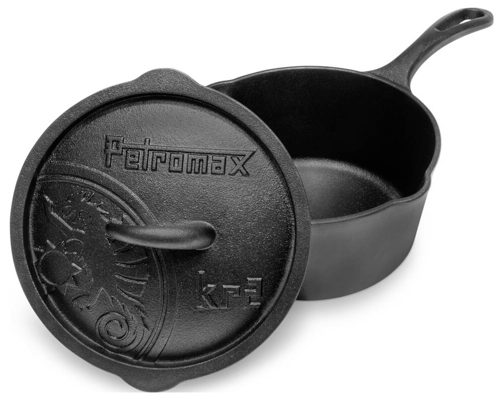 Schwarze Gusseisenpfanne mit Deckel, Marke „Petromax