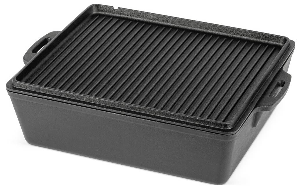Schwarze rechteckige Grillpfanne mit Deckel, gerillte Kochfläche und seitliche Griffe, auf weißem Hintergrund dargestellt.