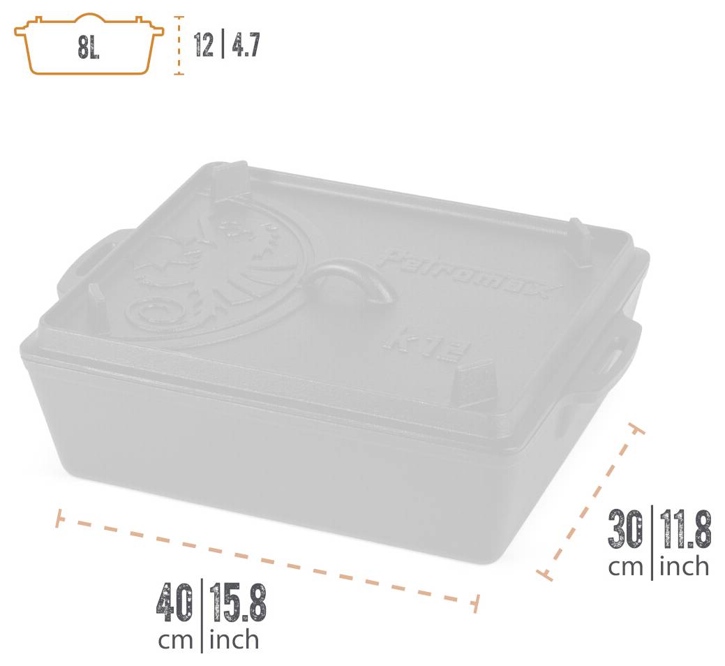 Illustrierte Aufbewahrungsbox mit Deckel mit den Abmessungen 40 cm x 30 cm x 12 cm, gekennzeichnet mit 8-Liter-Kapazität.