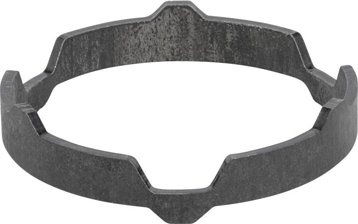 Schwarzer metallischer Kreisring mit gezahnten Kanten, isoliert auf weißem Hintergrund dargestellt.