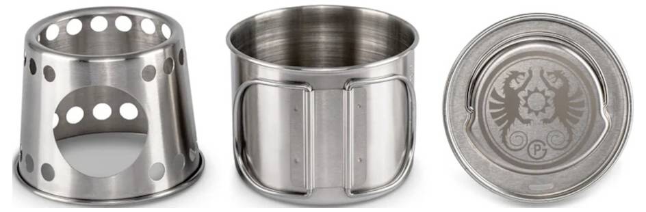Drei Ansichten einer Edelstahl-Zylinderbaugruppe aus Metall mit Perforationen und Ausschnittfenstern, von der Seite und von oben auf weißem Hintergrund dargestellt.