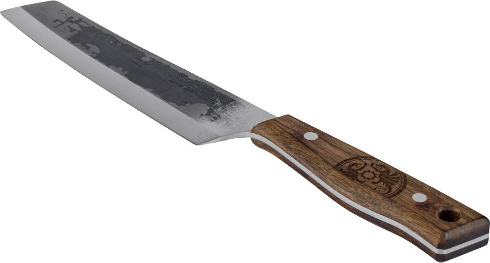 Ein großes Küchenmesser mit einer breiten Stahlklinge und hölzernem Griff, dargestellt auf weißem Hintergrund.