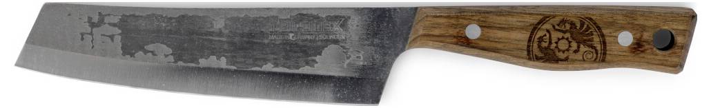 Kochmesser mit abgenutzter Metallklinge und Holzgriff, in Profilansicht auf weißem Hintergrund dargestellt.