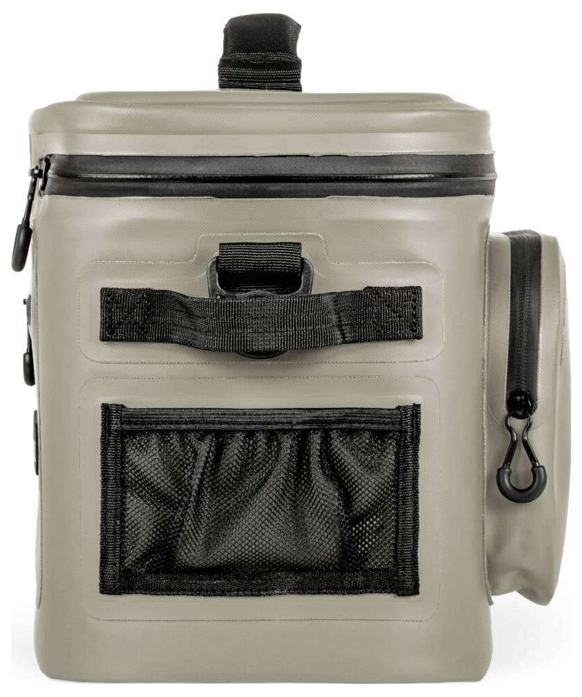 Beige wasserdichte quadratische Tasche mit schwarzem Reißverschluss, vorderer Griffschlaufe, Netztasche und seitlicher Aufhängeschlaufe.