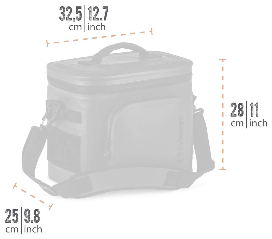 Isolierte Kühlertasche mit gekennzeichneten Abmessungen 32,5 cm breit, 28 cm hoch und 25 cm tief, mit angegebenen Zoll-Entsprechungen.