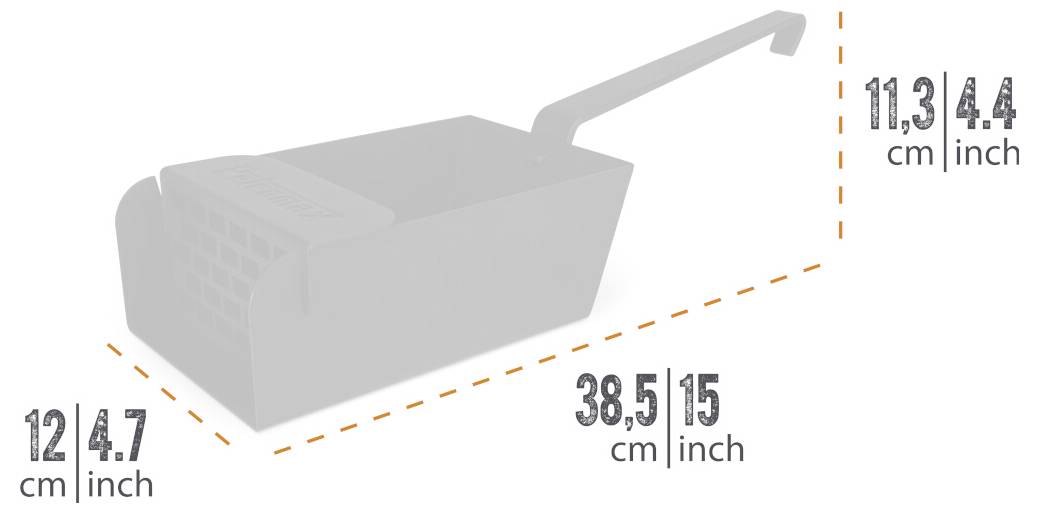 Graues rechteckiges Gerät in Perspektivdarstellung mit gekennzeichneten Abmessungen von 12,4 cm, 38,5 cm und 11,3 cm (auch in Zoll angegeben)