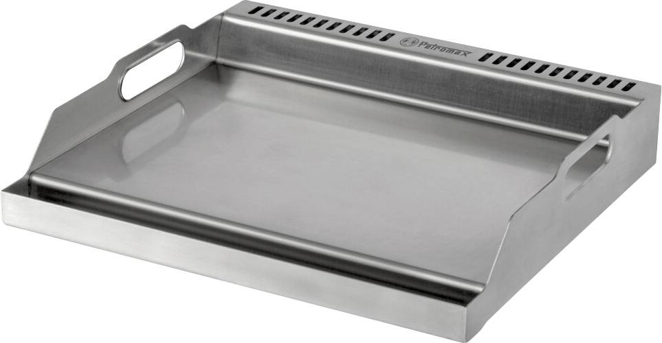 Edelstahl-Grillplatte mit flacher Oberfläche, erhöhten Kanten und Seitengriffen zum Kochen oder Servieren von Speisen.
