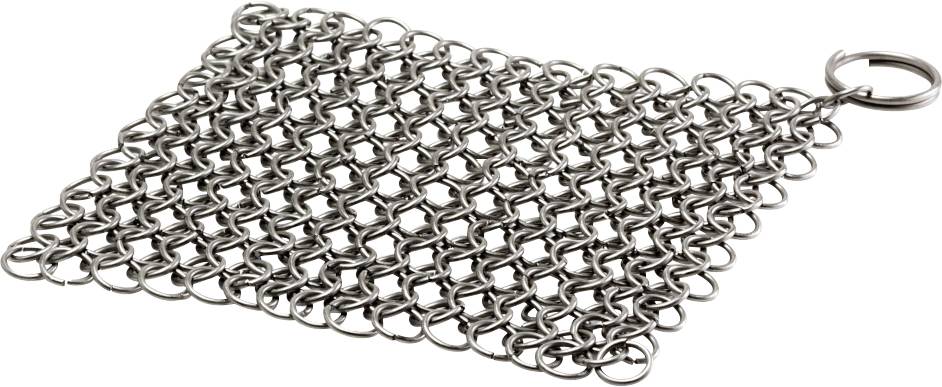 Ein rechteckiges Blatt aus ineinander verschlungenen Metallringen, ähnlich einer Kettenpanzerstoff oder einem flexiblen Drahtgewebe, auf weißem Hintergrund dargestellt.