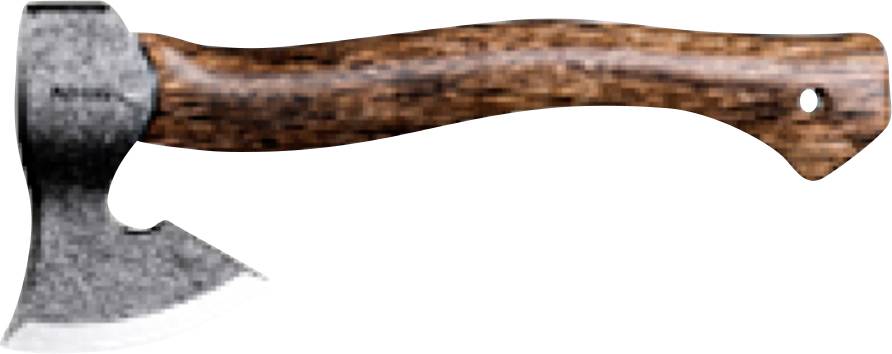Eine Axt mit einer Metallklinge und einem Griff mit Holzmaserung, dargestellt in der Seitenansicht auf weißem Hintergrund.