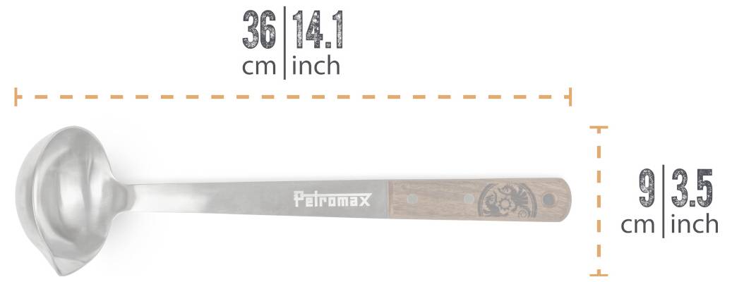 Petromax-Schöpfkelle in Seitenansicht mit Größenbezeichnungen: 36 cm (14,1 Zoll) lang und 9,3 cm (3,5 Zoll) hoch.