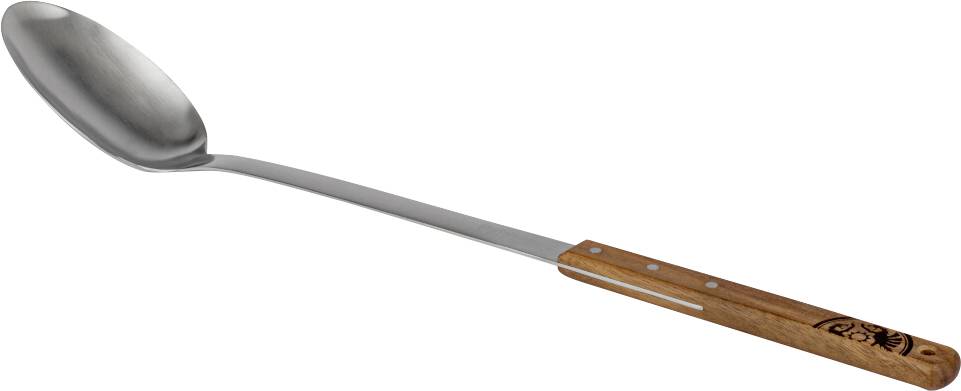 Großer Servierlöffel aus Metall mit langem Griff, Holzgriff und dekorativem gebranntem Logo auf dem Griff.