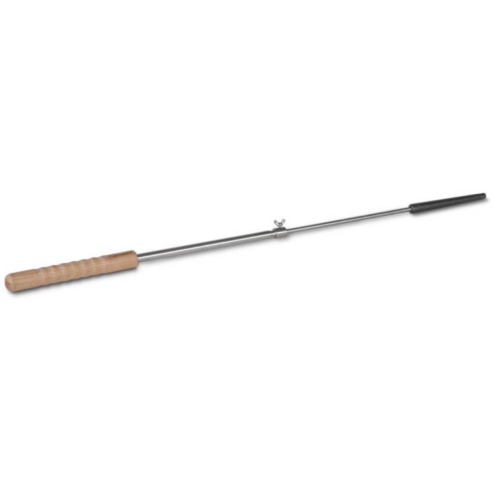 Ein langer Metallstab mit einem Holzgriff und schwarzem Griffbelag, dargestellt vor einem einfachen weißen Hintergrund.