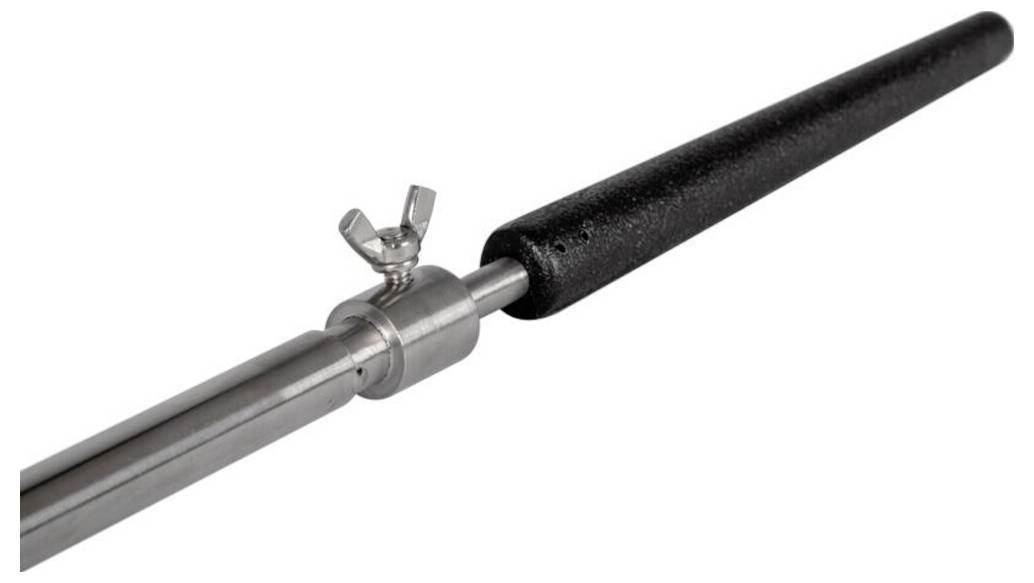 Metallstab mit schwarzem Schaumgriff und Flügelschraube auf weißem Hintergrund.