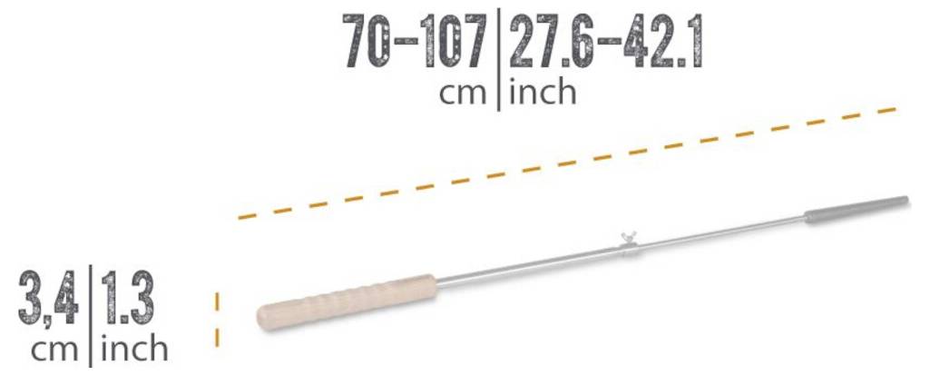 Seitenansicht einer Teleskopstange mit Längenbereich 70–107 cm (27,6–42,1 Zoll) und Griffgröße 3,4 cm (1,3 Zoll) im Durchmesser.