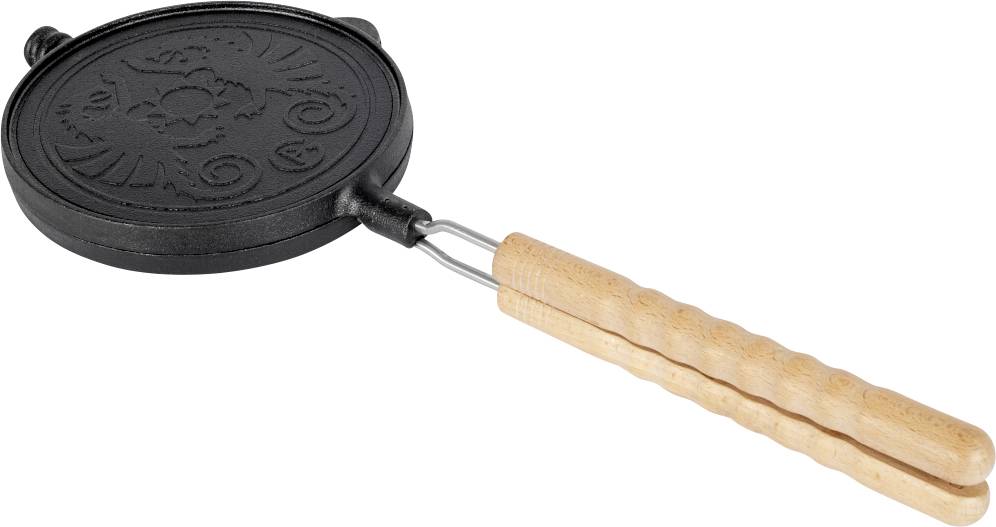 Schwarze Gusseisen-Snack-Form mit langem Holzgriff, auf weißem Hintergrund dargestellt.