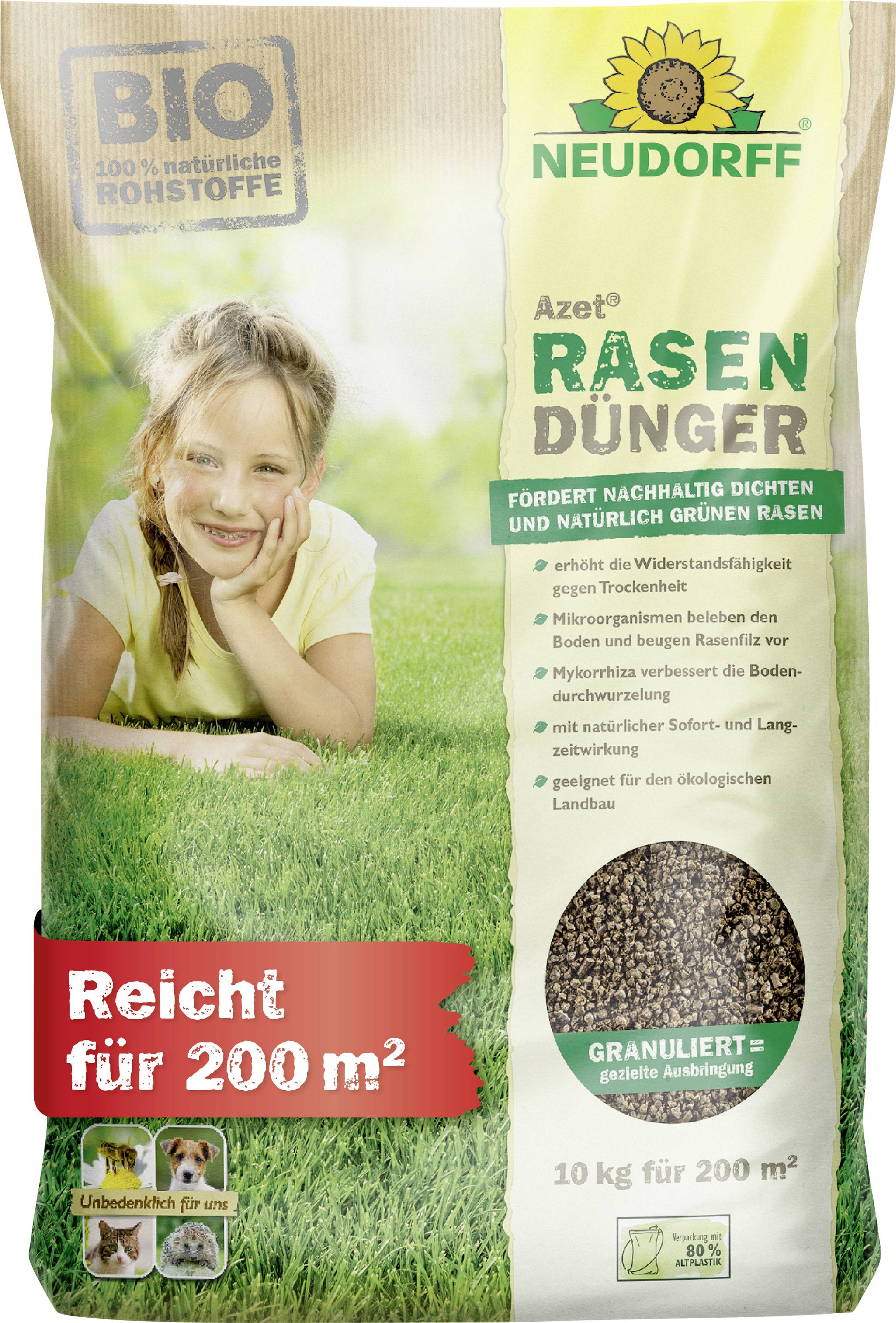 Produktpackung für Neudorff Azet Rasendünger mit einem lächelnden Kind im Gras; Text sagt „Reicht für 200 m²