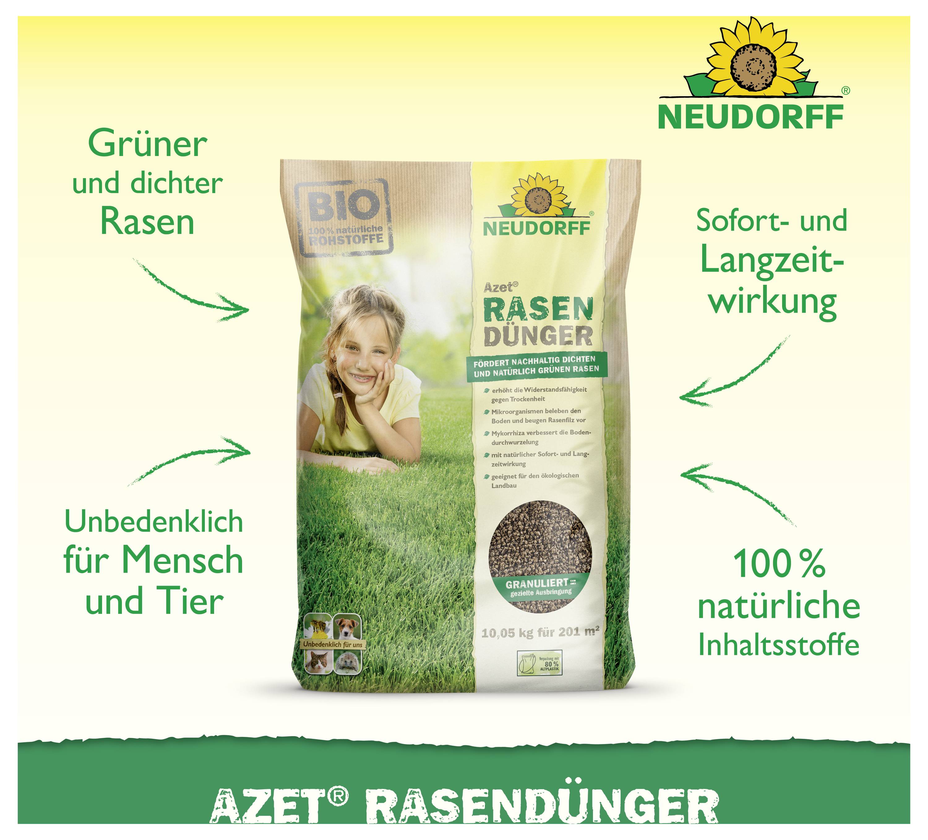 Neudorff AZET Rasendünger-Beutel mit Kind auf dem Rasen; verspricht grüneres, dichteres Gras, unmittelbare und langfristige Wirkung, sicher für Menschen und Tiere, 100 % natürliche Inhaltsstoffe.