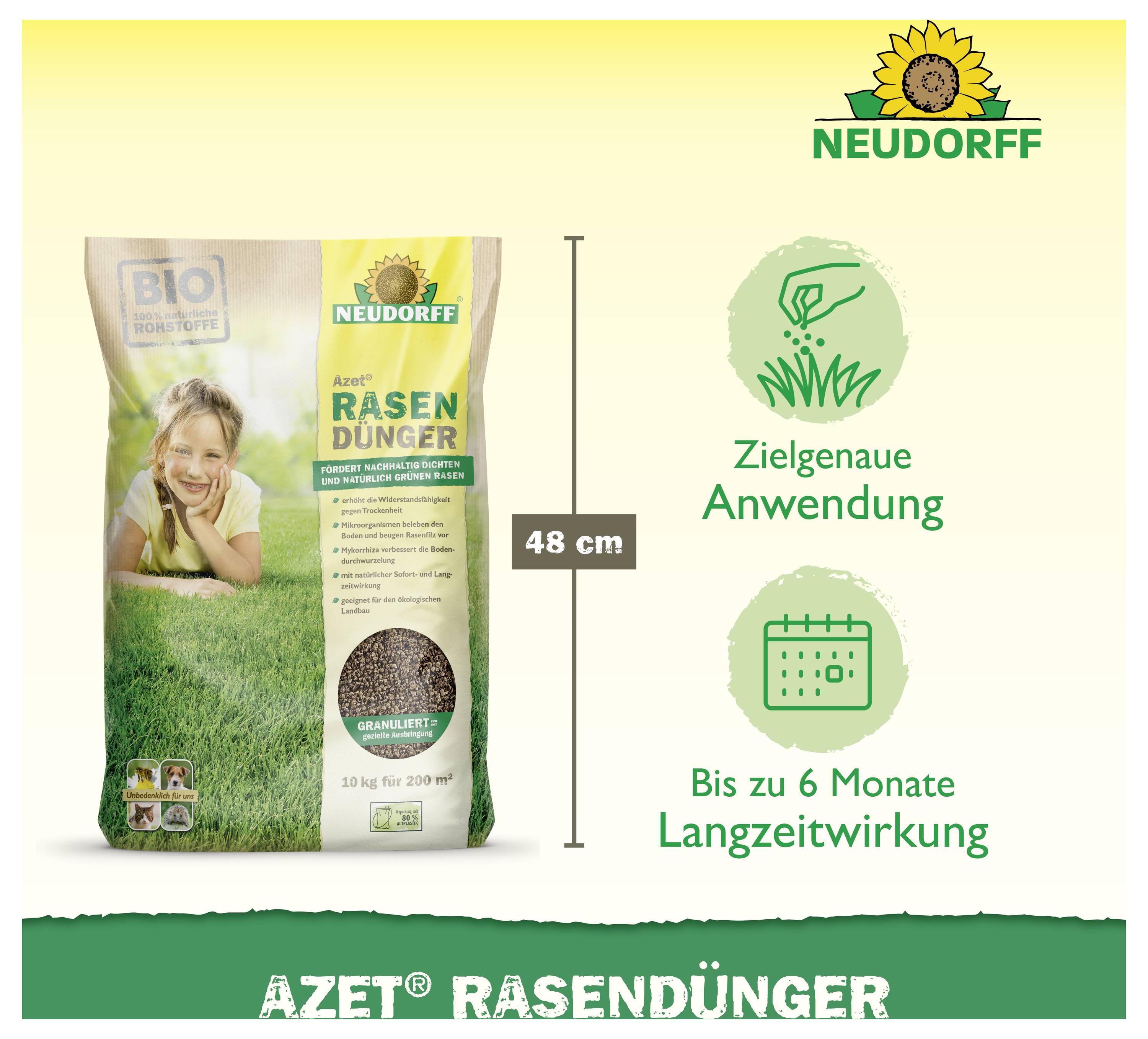Neudorff Azet Rasendünger-Sack, 48 cm hoch, mit Aussagen zu präziser Ausbringung und langanhaltender Wirkung bis zu 6 Monaten.