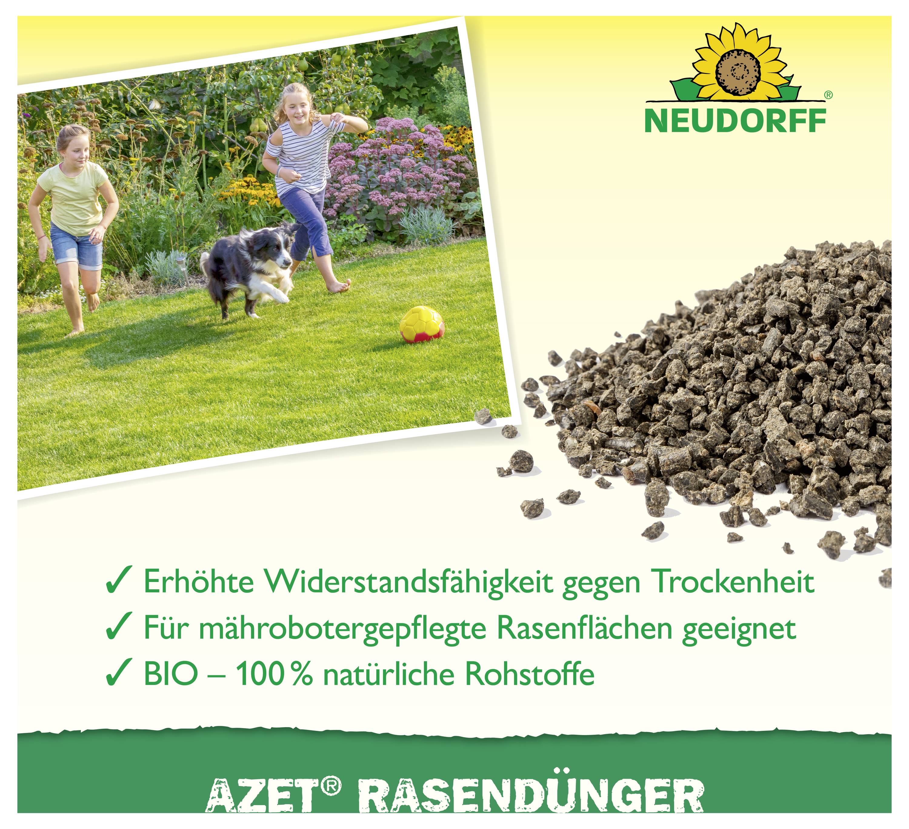 Neudorff AZET Rasendünger-Anzeige, die Kinder und einen Hund zeigt, die auf einem gesunden Rasen laufen, einen Haufen Pellets und deutsche Aussagen: Trockenresistenz, geeignet für robotergemähte Rasenflächen, 100% natürliche Rohstoffe.