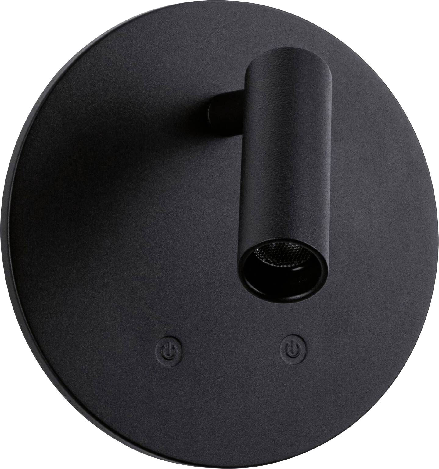 Schwarze runde Wandleuchte mit einem zylindrischen Spotarmatur und zwei kleinen Stromsymbolen auf der Basis.