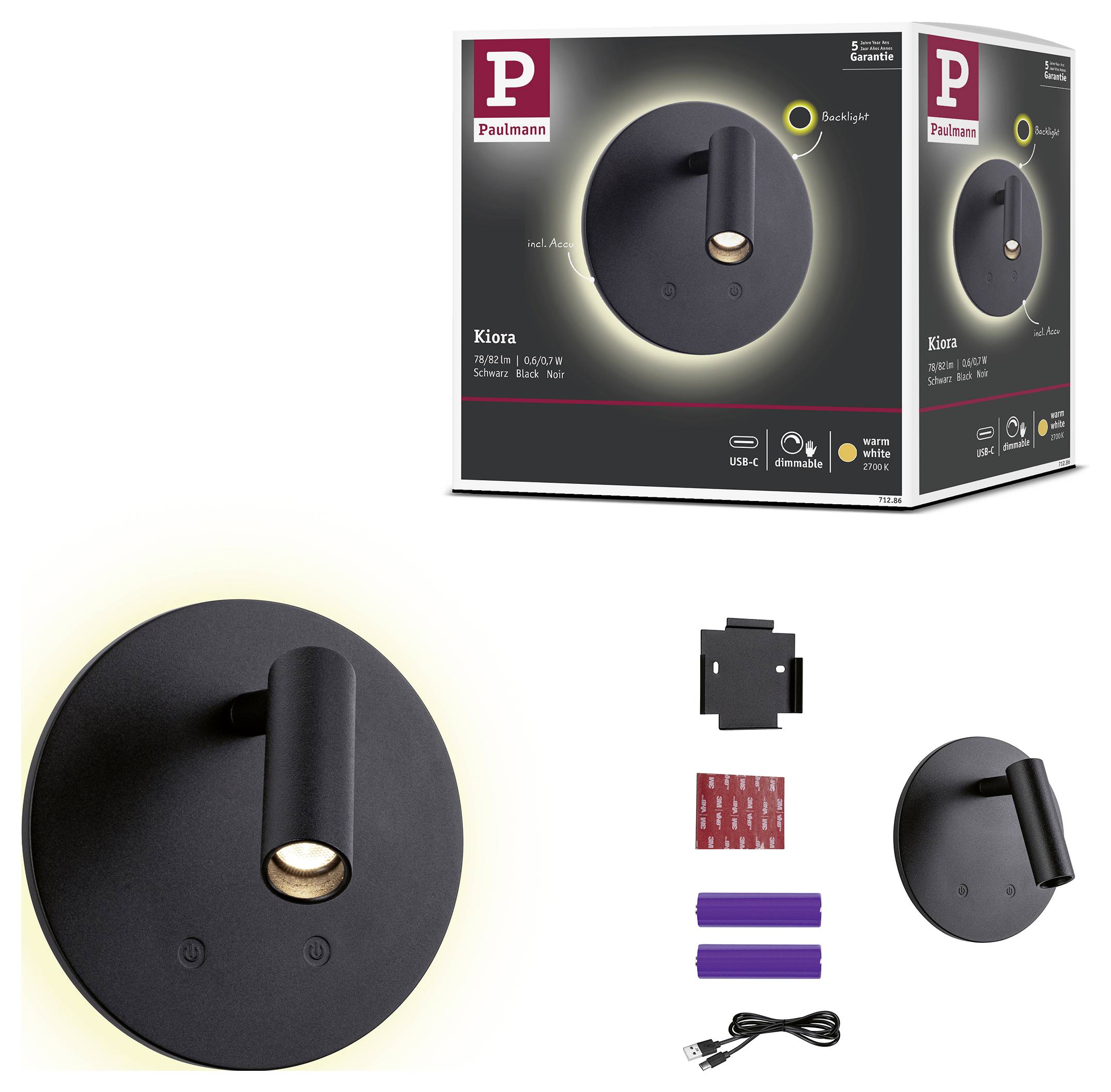 Produktbild einer schwarzen Paulmann Kiora Wandleuchte mit leuchtendem Halo, abgebildet mit Verpackung und enthaltenen Montageteilen, USB-C-Kabel und Zubehör.