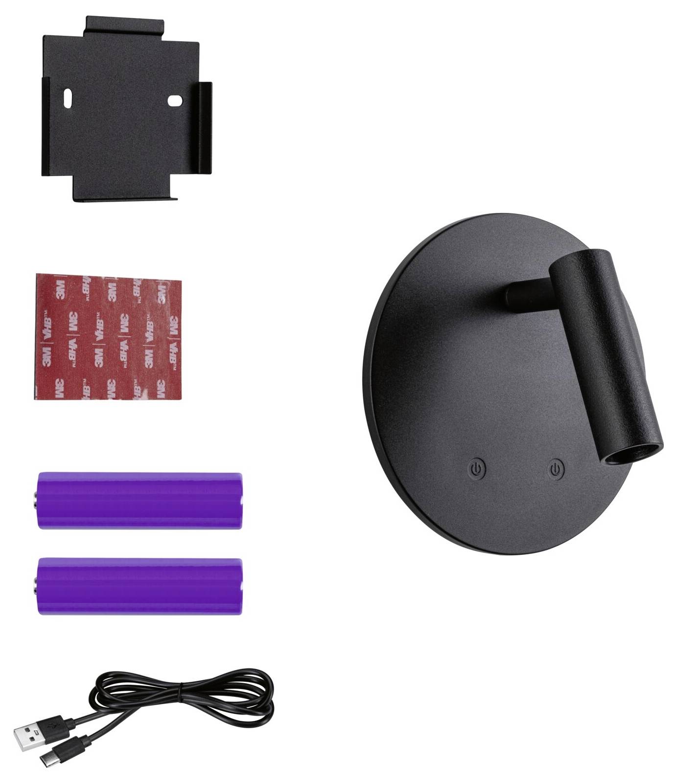 Schwarze wandmontierte LED-Leuchte mit rundem Sockel und verstellbarem zylindrischem Kopf, gezeigt mit Montageplatte, Klebepad, zwei violetten Abstandshaltern und USB-Kabel.