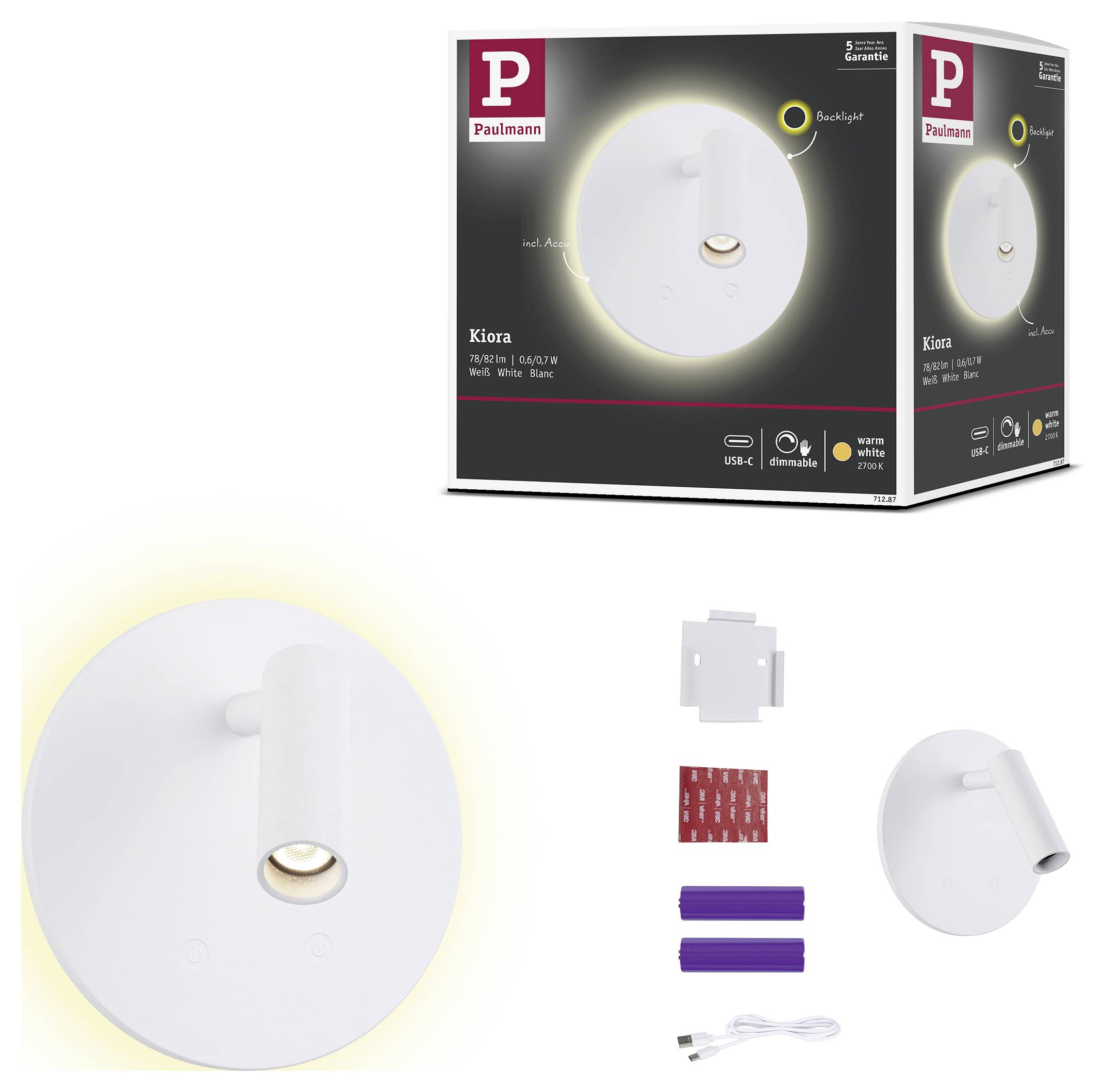 Produktbild einer weißen Paulmann Kiora LED-Wandleuchte mit warmem Gegenlicht, dargestellt mit ihrer Verpackung und beiliegenden Montagezubehör.