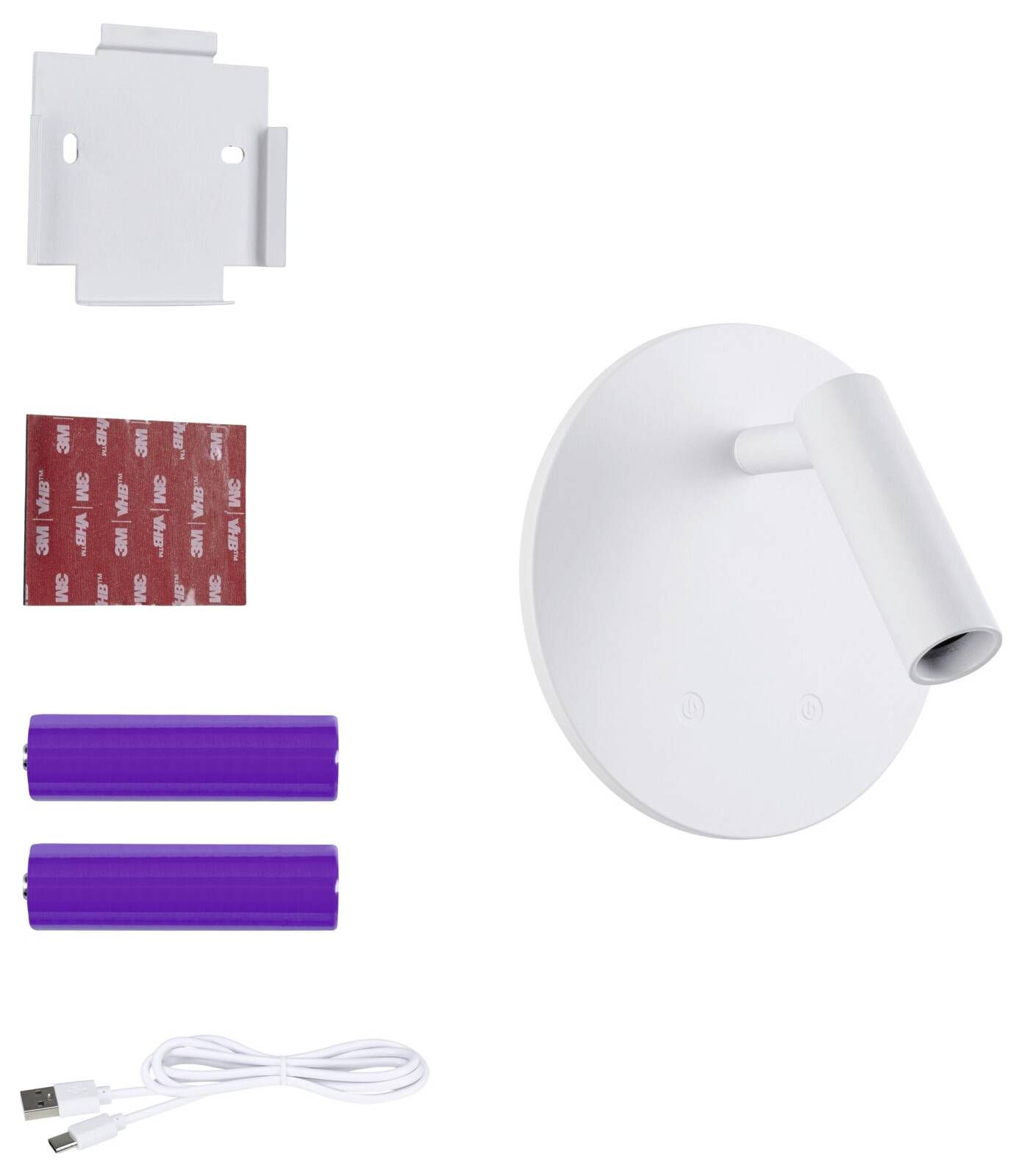 Weiße wandmontierte LED-Leuchte mit Montageplatte, Klebeband, zwei violetten Abstandshaltern und USB-Ladekabel als enthaltene Teile dargestellt.