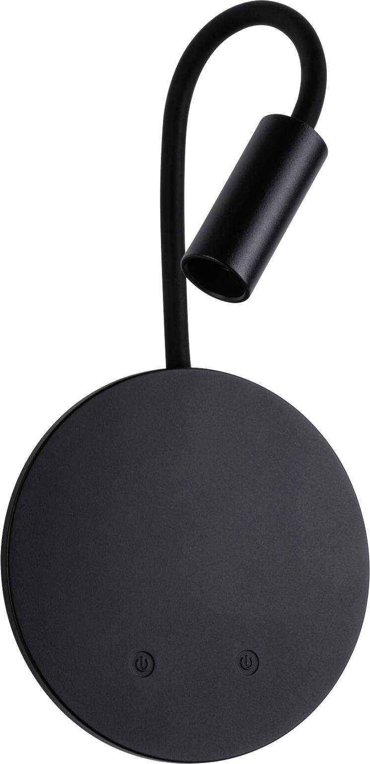 Schwarze kreisförmige Wandleuchte mit flexiblem Arm und verstellbarem zylindrischen Spotlight, gezeigt auf weißem Hintergrund.