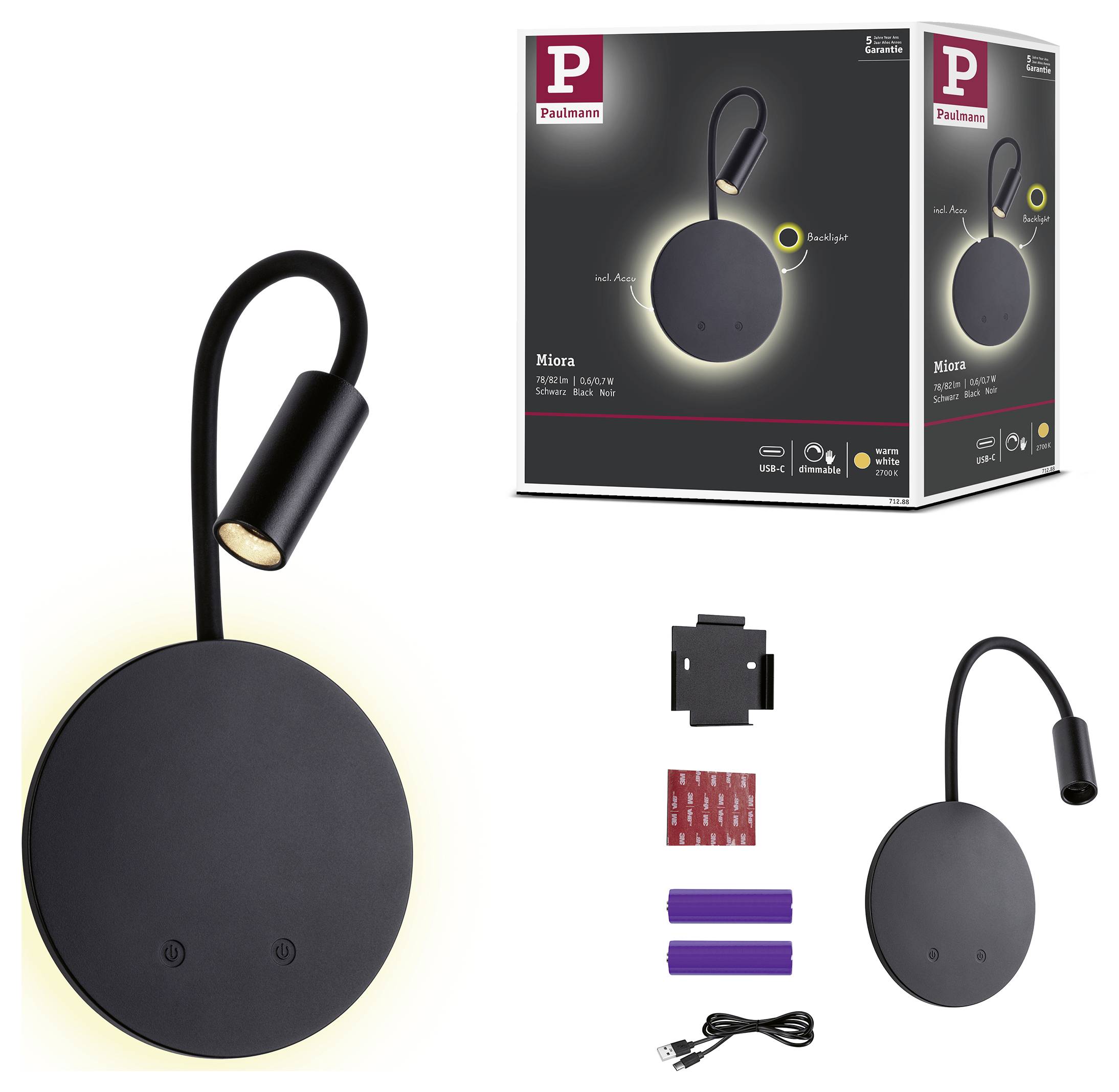 Produktbild einer schwarzen Paulmann Miora Wandleuchte mit gebogenem Schwanenhals, warmem LED-Glühen, Montageteilen, USB-Kabel und Verpackung abgebildet.