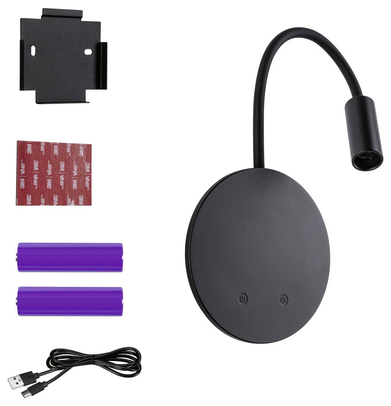 Schwarze runde LED-Wandleuchte mit flexiblem Hals, plus Montageklammer, Klebepads, zwei violette Wandstecker und USB-Kabel auf weißem Hintergrund.