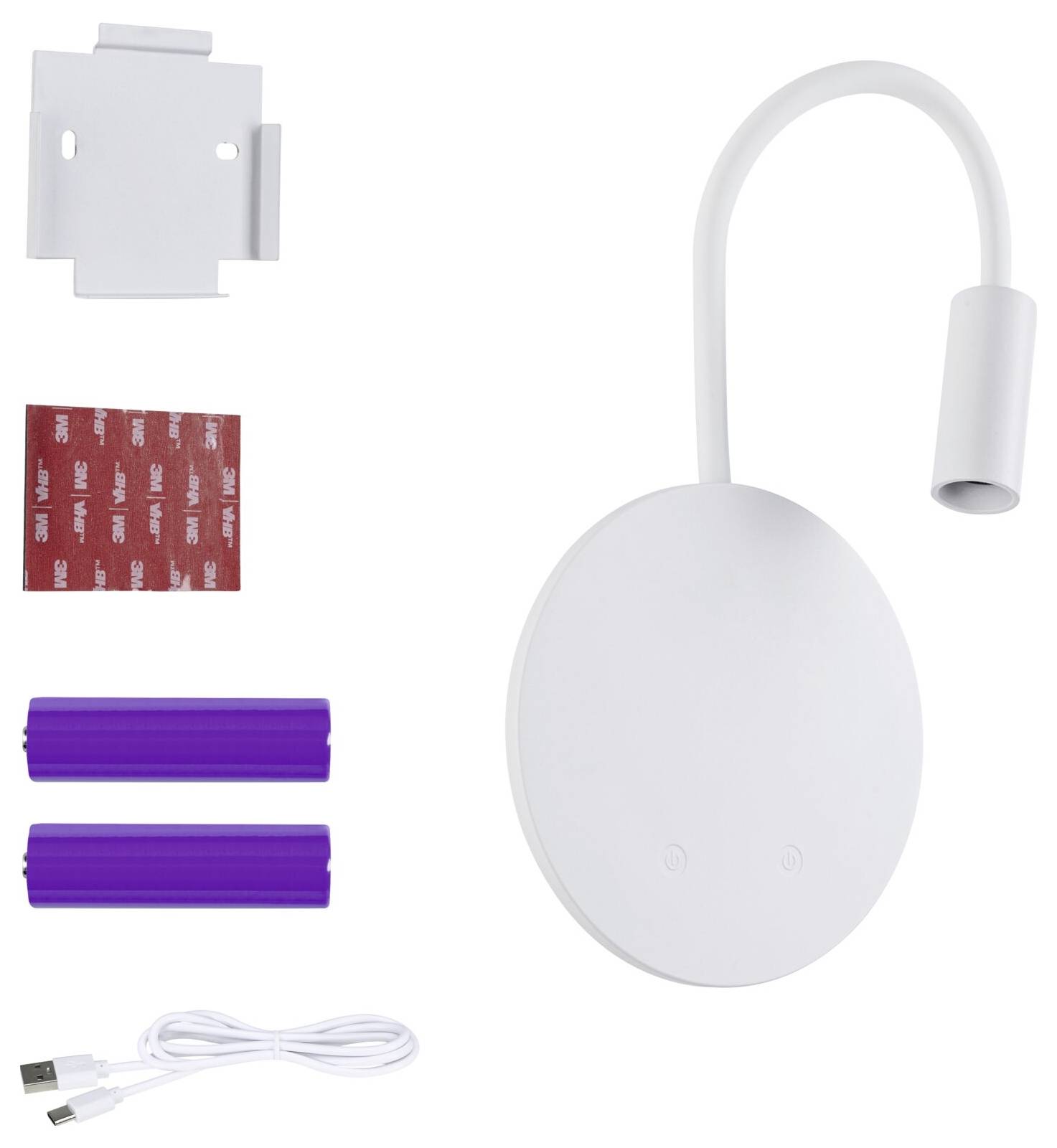 Weiße LED-Wandleuchte mit flexiblem Hals und rundem Sockel, gezeigt mit Montageplatte, Klebepads, violetten Wanddübeln und USB-Ladekabel.