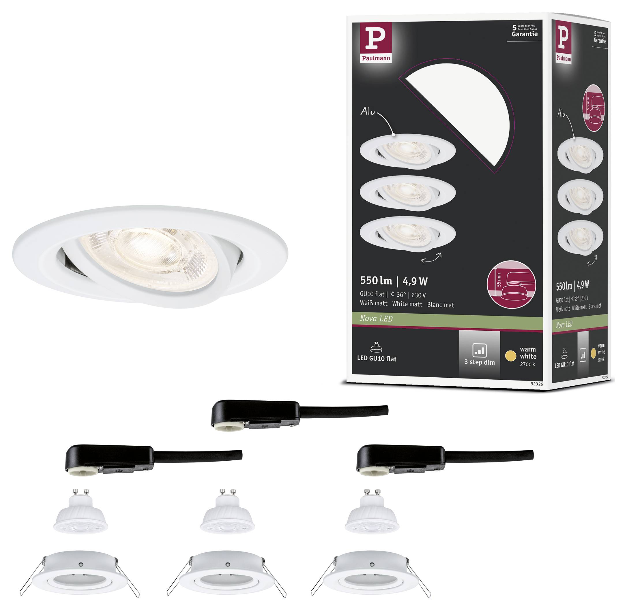 Produktbild mit einer weißen LED-Einbauleuchte und ihrer Verpackung, darunter drei Abbildungen zu den Installationsschritten der Leuchte.