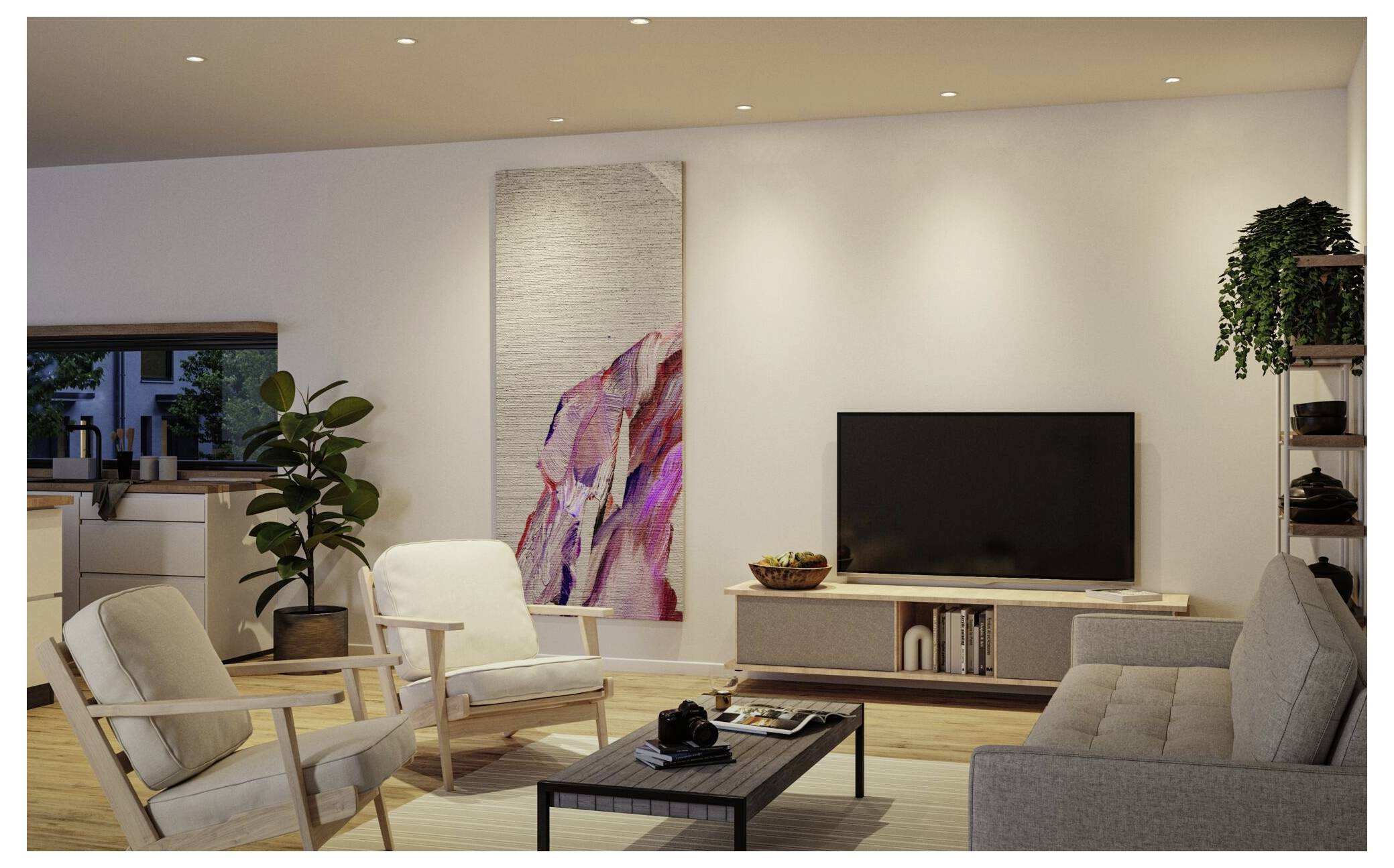 Modernes Wohnzimmer mit zwei Sesseln, Sofa, Couchtisch, Fernseher, Pflanze und abstrakter Wandkunst in einem warmen, minimalistischen Interieur.