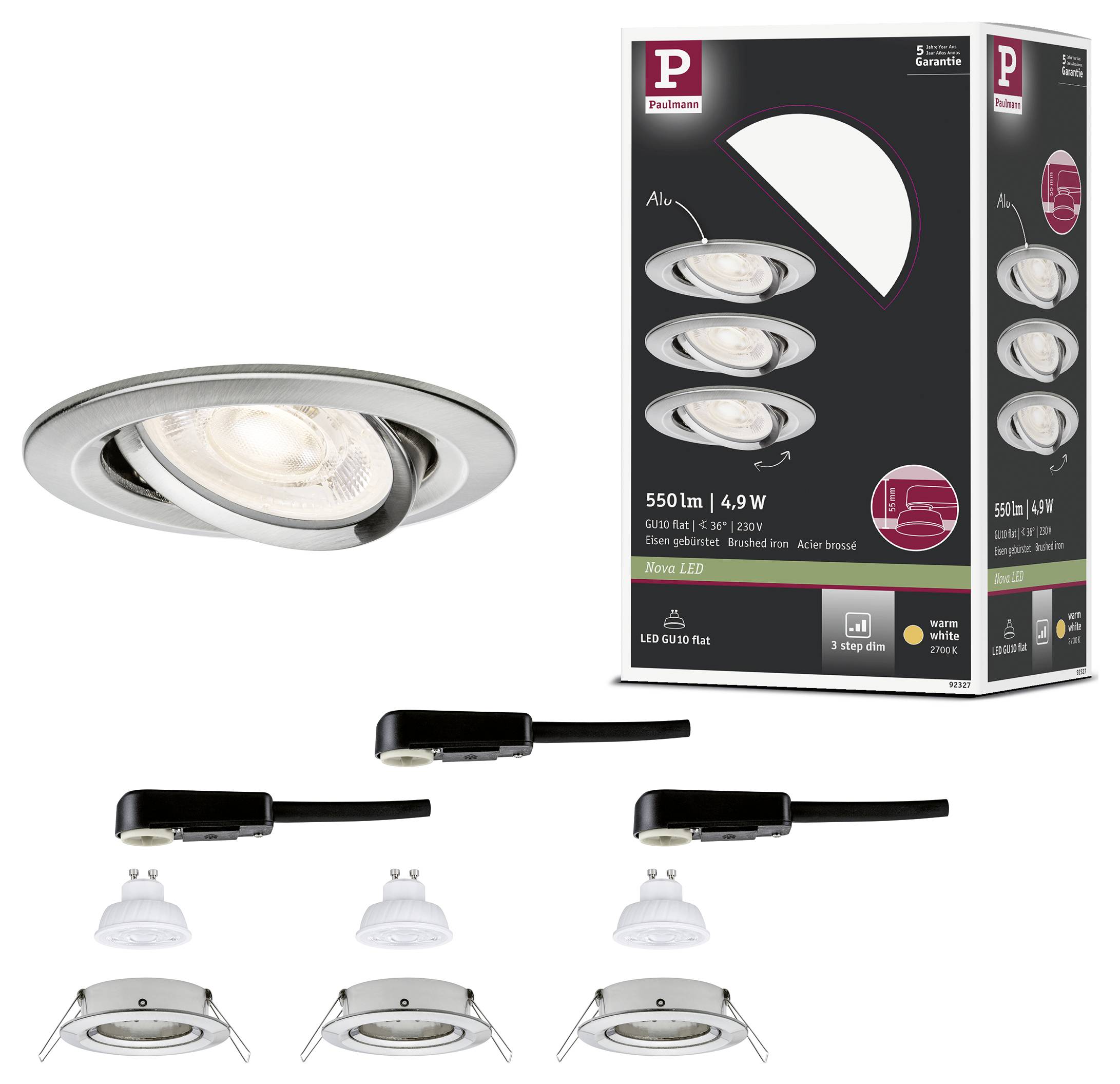 Produktabbildung zeigt einen Paulmann Aluminium-Einbaustrahler mit LED, seine Verpackung, eine GU10-Glühbirne und Installationskomponenten.