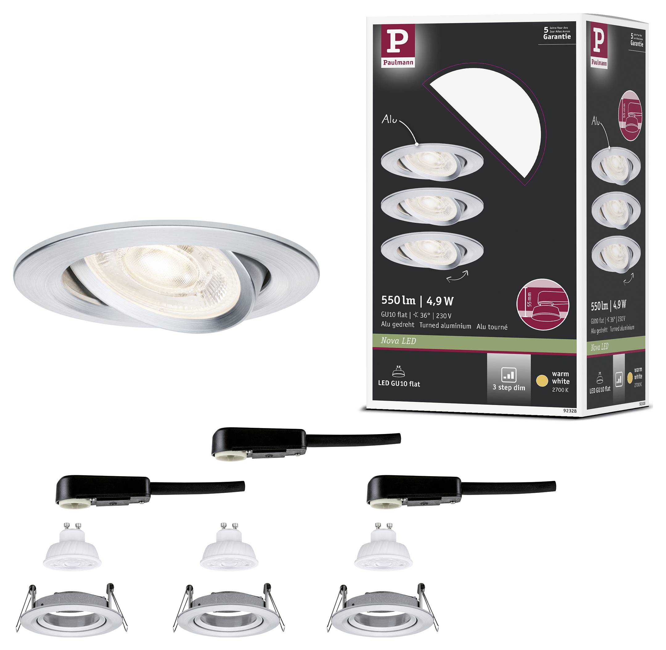 Produktbild einer Paulmann LED-Einbauleuchte, das die Leuchte, die Verpackung und Installationsbeispiele auf verschiedenen Deckentypen zeigt.