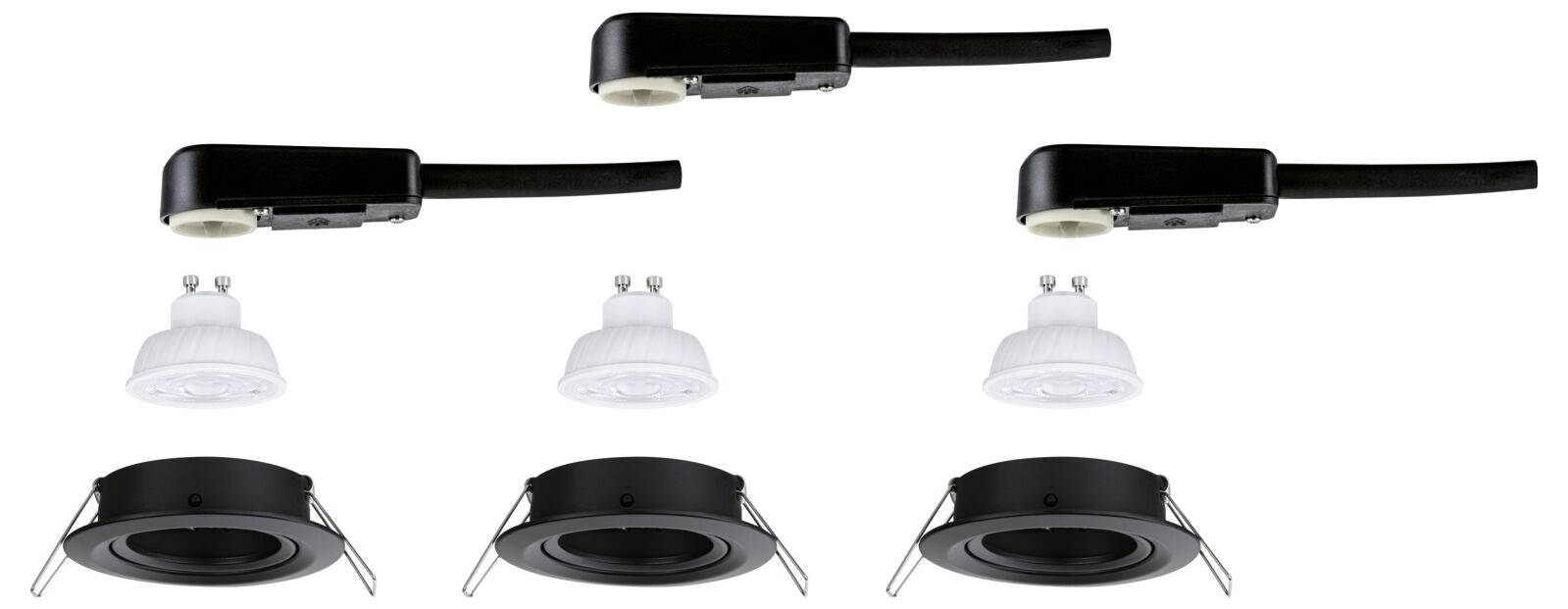 Drei schwarze Downlight-Leuchten mit langen Armen, die oben über entsprechenden weißen und schwarzen Einbaulicht-Komponenten dargestellt sind und ein Beleuchtungsinstallationsset veranschaulichen.
