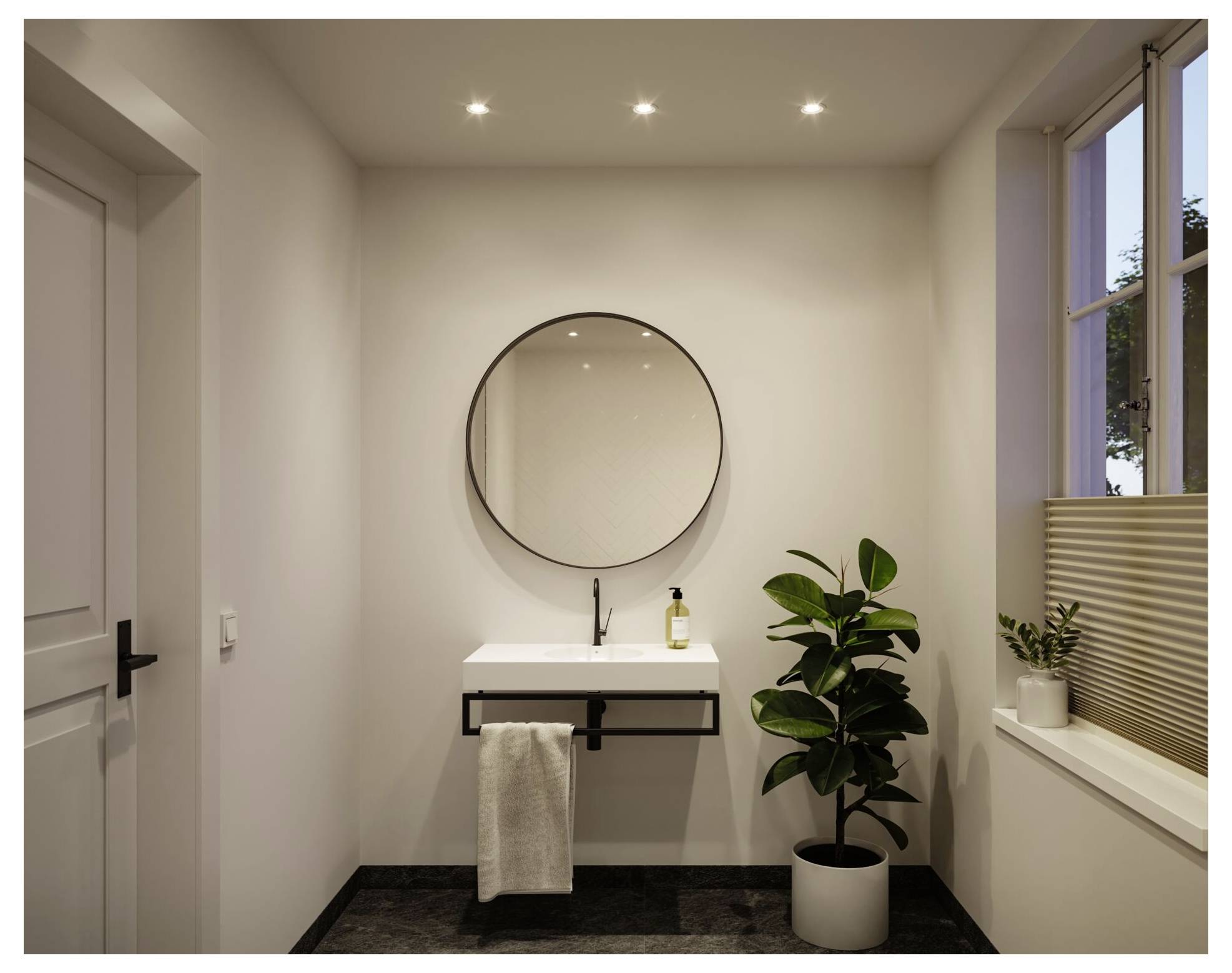 Minimales Badezimmer mit an der Wand montiertem Waschbecken, rundem Spiegel, Handtuch, Topfpflanze und Fenster mit Jalousien.
