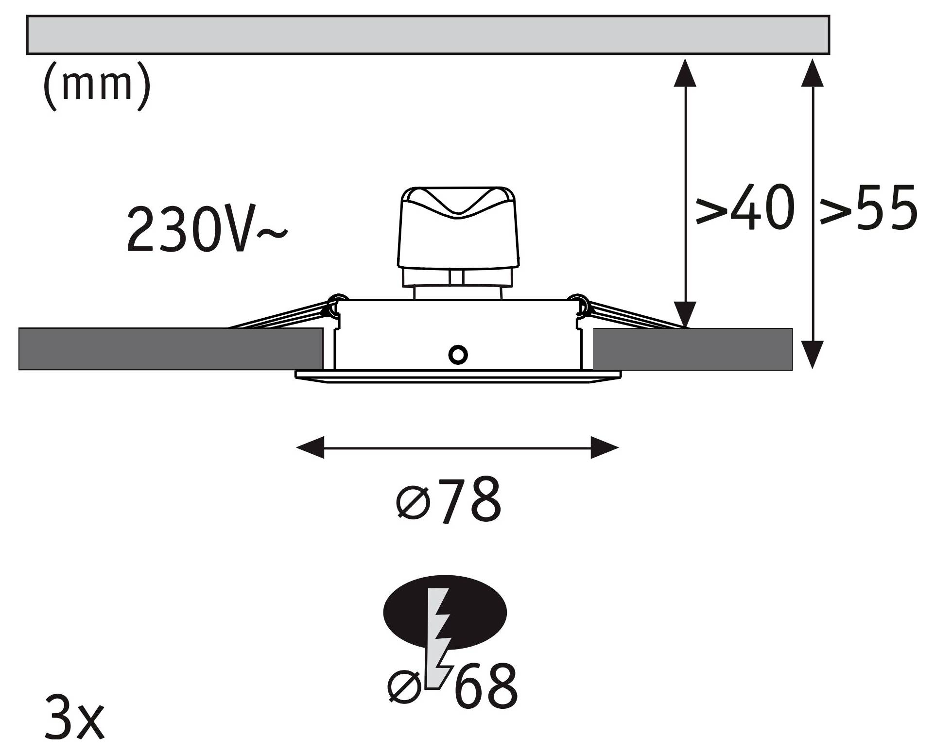 Installationsdiagramm für Deckenausschnitt einer 230V-Leuchte mit 78 mm Durchmesser, 68 mm Ausschnitt und Mindestiefen von über 40 mm und über 55 mm.