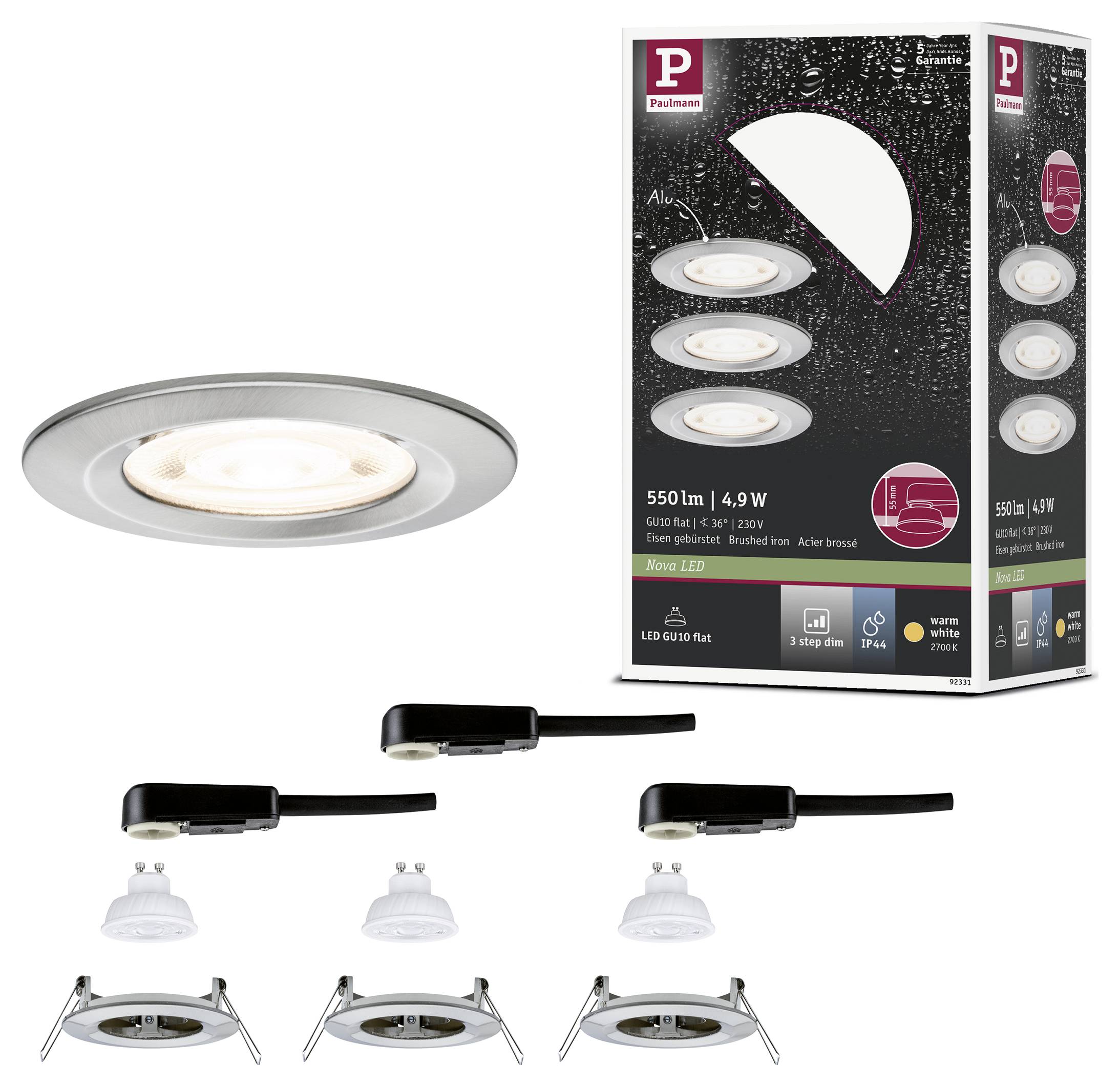 Werbeabbildung eines versenkten LED-Einbauleuchten-Sets, das die Deckenleuchte, Verpackung und mitgelieferte Glühbirne sowie Federclips zeigt