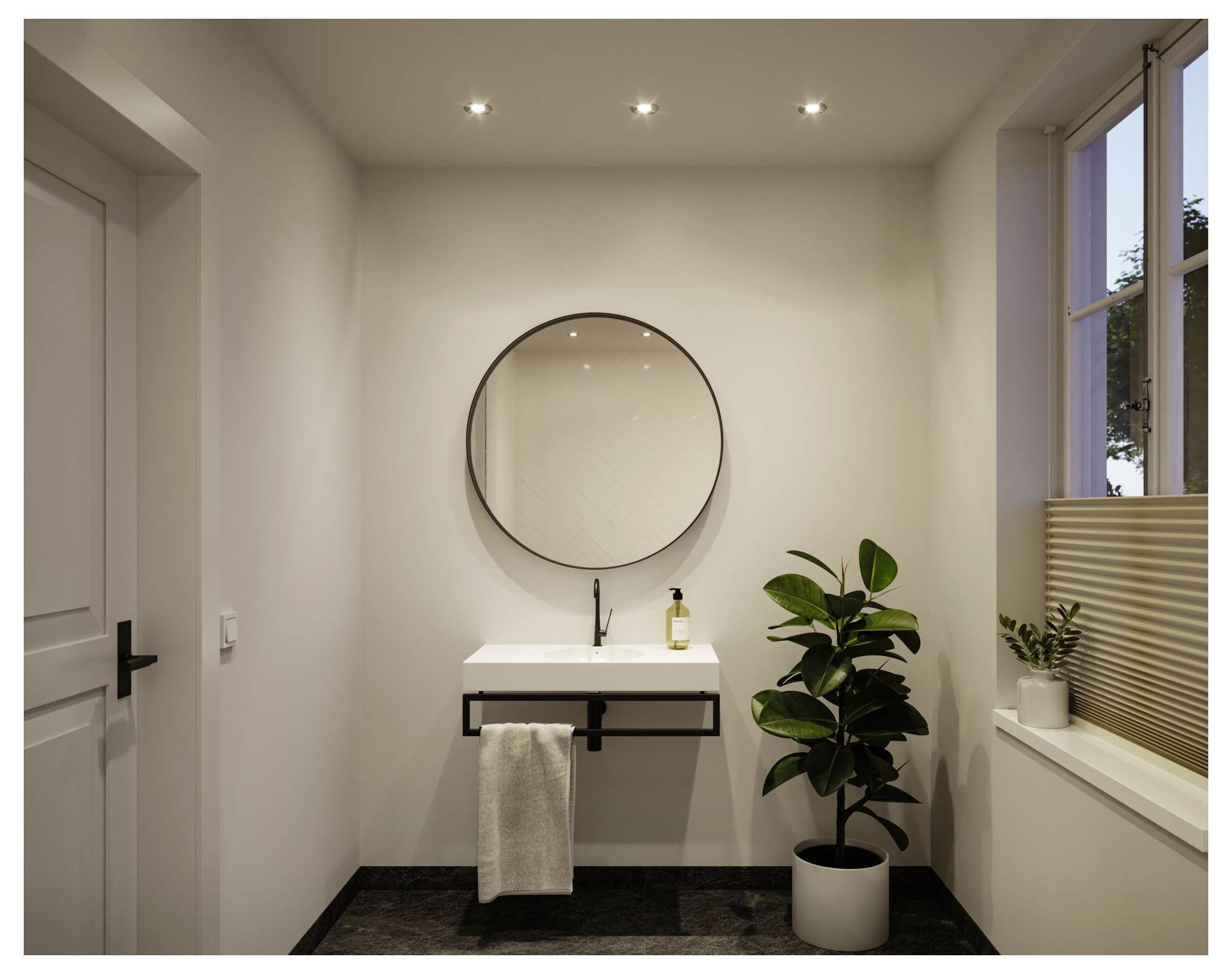 Modernes minimalistisches Badezimmer mit einem schwebenden weißen Waschbecken, rundem Spiegel, Handtuch, Topfpflanze und Fenster mit Jalousien.