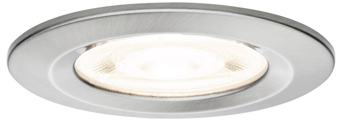 Runde, gebürstete Silber-Einbaudeckenleuchte mit leuchtendem weißem Mittellinsenelement.