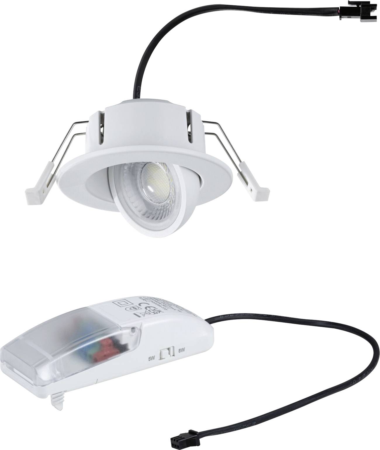 Eingelassene weiße LED-Einbauleuchte mit Befestigungsfedern und integriertem Treiber, dargestellt mit schwarzem Stromkabel auf weißem Hintergrund.
