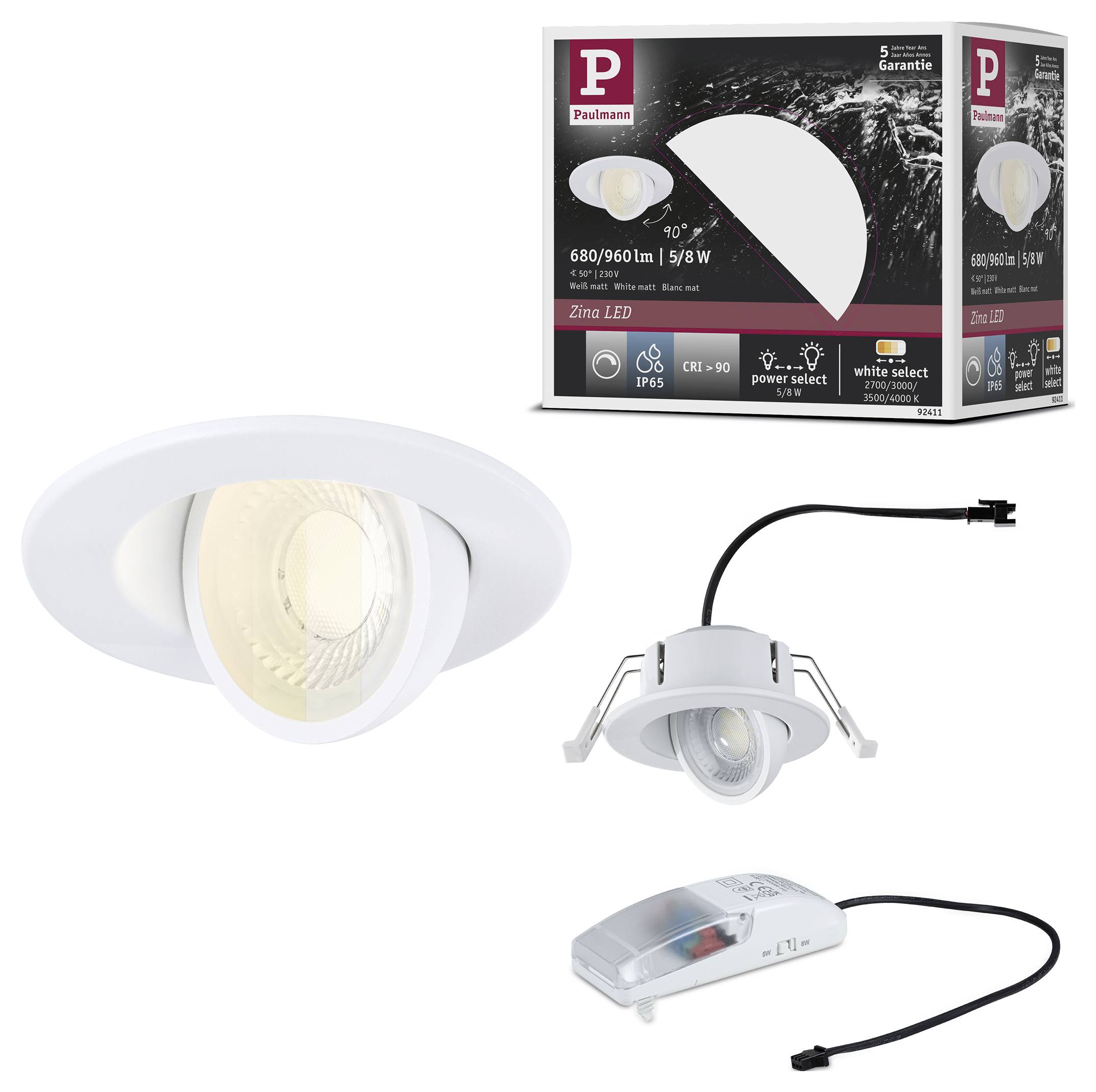 Produktbild zeigt einen Paulmann Zina LED-Einbauspot mit Verpackung, weißer Blende, verstellbarer Downlight und separater Treibereinheit.