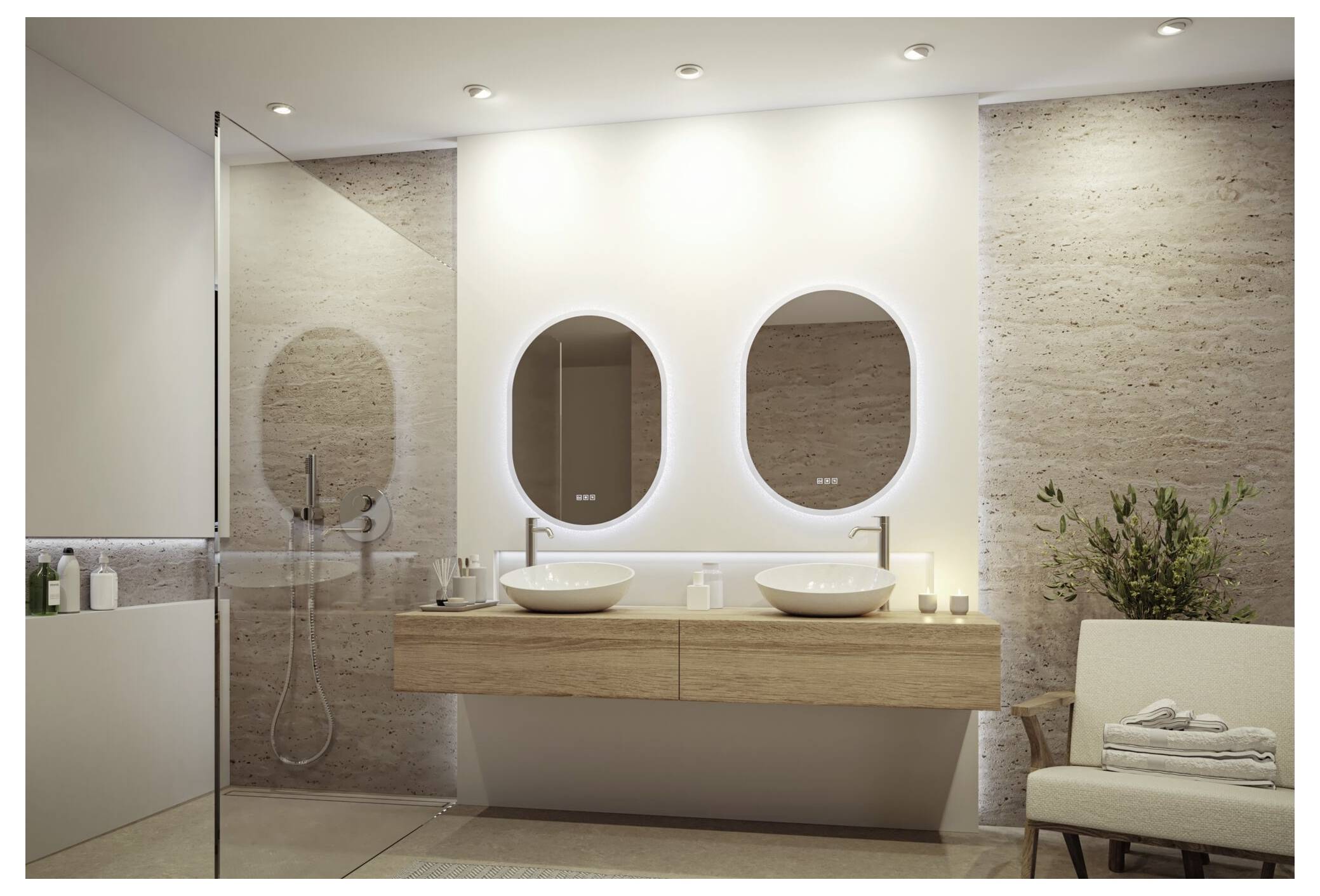 Modernes Badezimmer mit doppelten Aufsatzwaschtischen, zwei ovalen Spiegeln, begehbarer Dusche und einem Stuhl mit gefalteten Handtüchern.